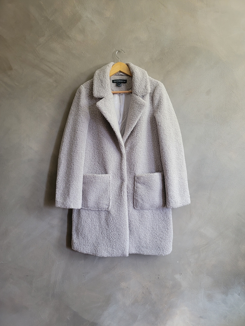 French Connection Light Gray Teddy Coat with Patch Pockets Medium